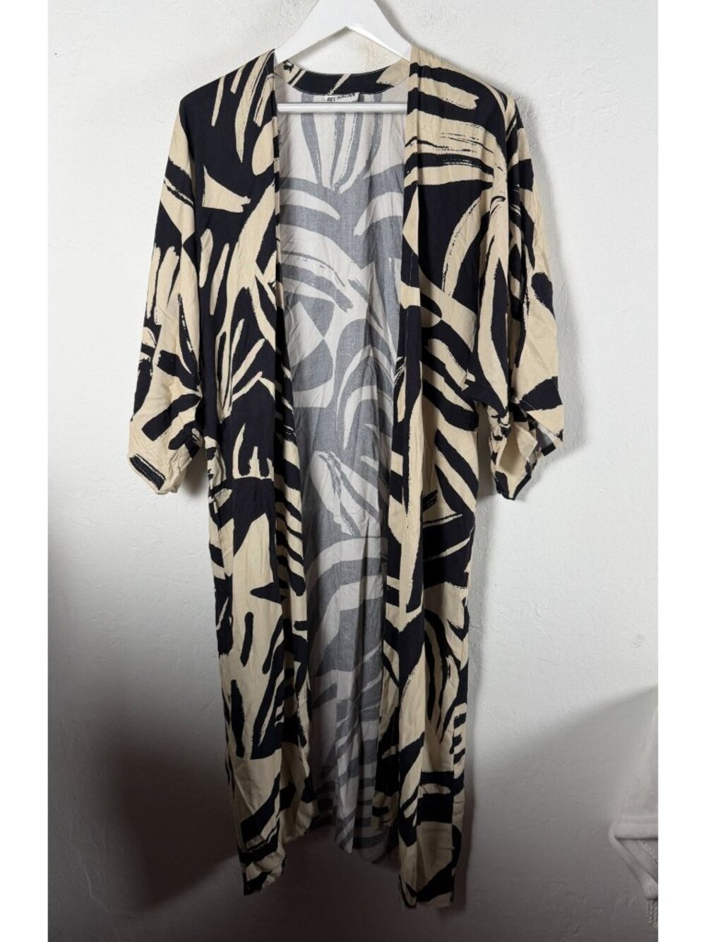 Bel Kazan Womens Abstract Print Long Kimono Duster Black Cream Open Front OS